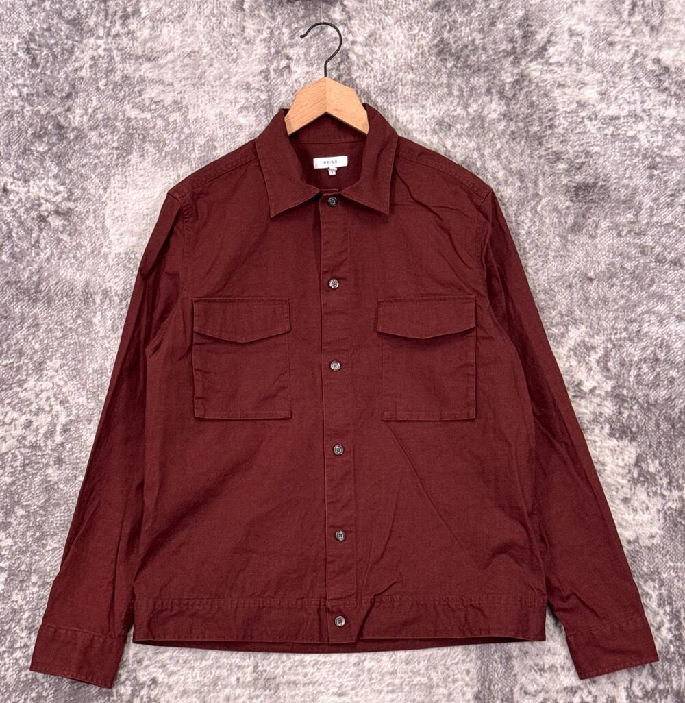 Reiss Shirt Large Mens Red Linen Cotton Long Sleeve Button Utility